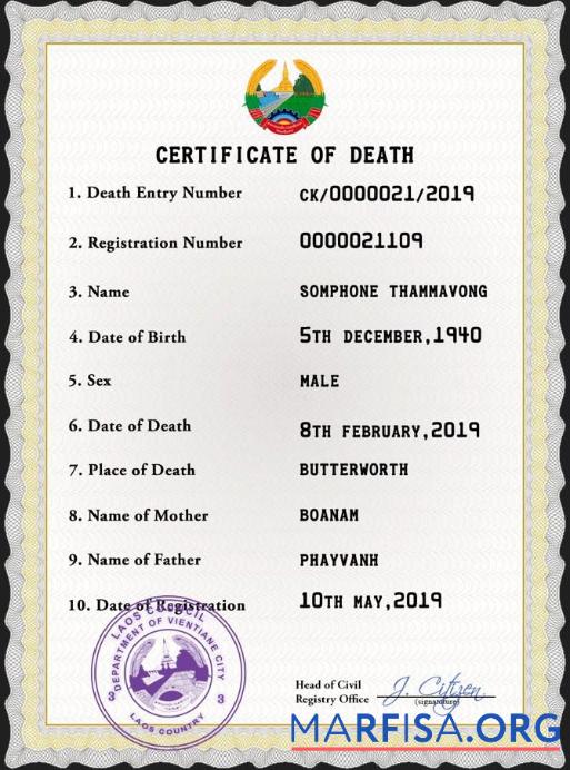 Blank Laos vital record death certificate PSD template